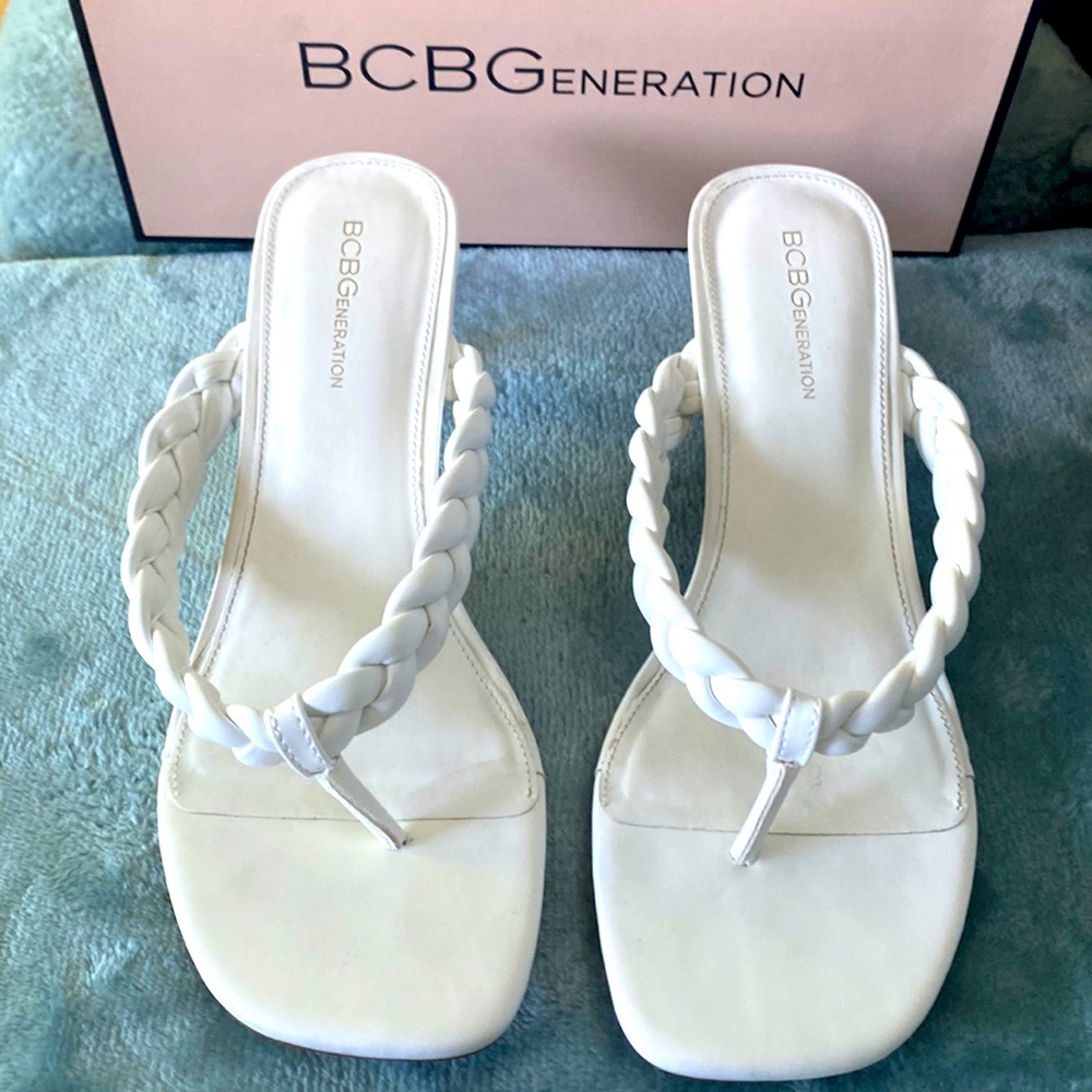 BCBG white heeled sandals braided detail like new
